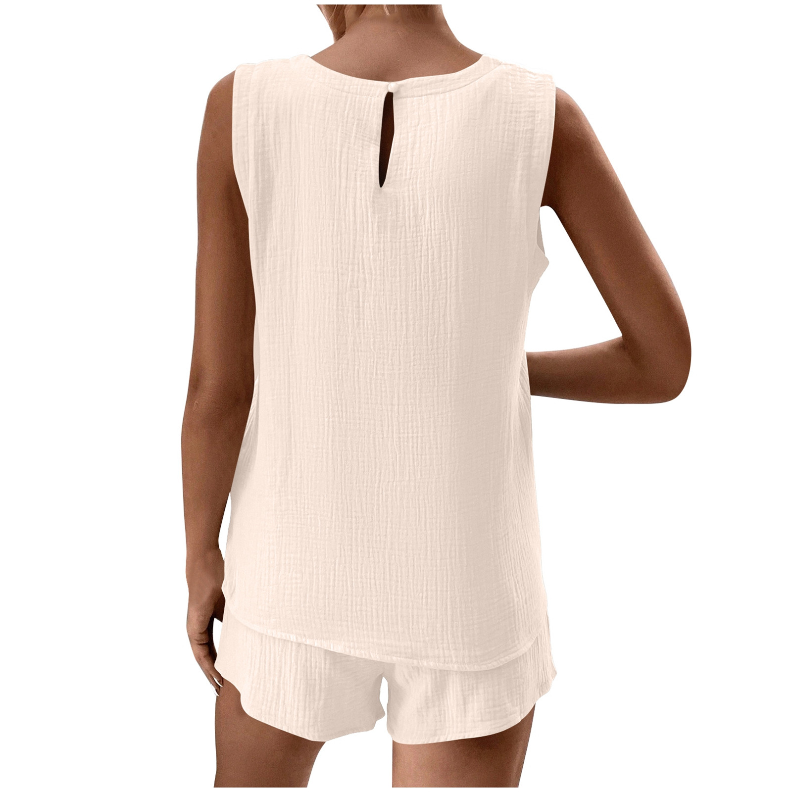 thumbnail image 2 of Conjunto de camiseta sin mangas con cuello redondo y bolsillos y pantalones cortos para mujer - Ropa informal de tejido suave, 2 of 8